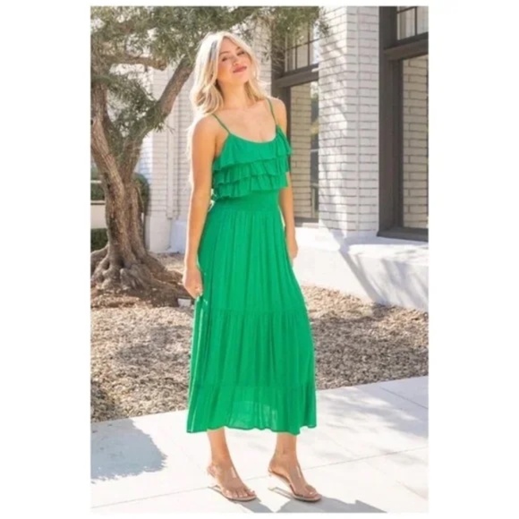 Emerald Green Rayon Gauze Ruffle Smocked Waist Sleeveless Midi Dress - Picture 4 of 6